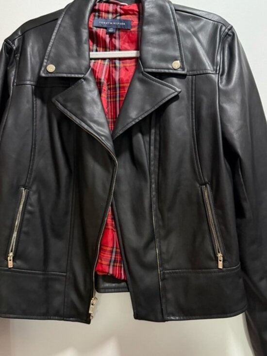 Tommy Hilfiger Black Faux Leather Motorcycle Jacket with Red Plaid Lining - Picture 1 of 5